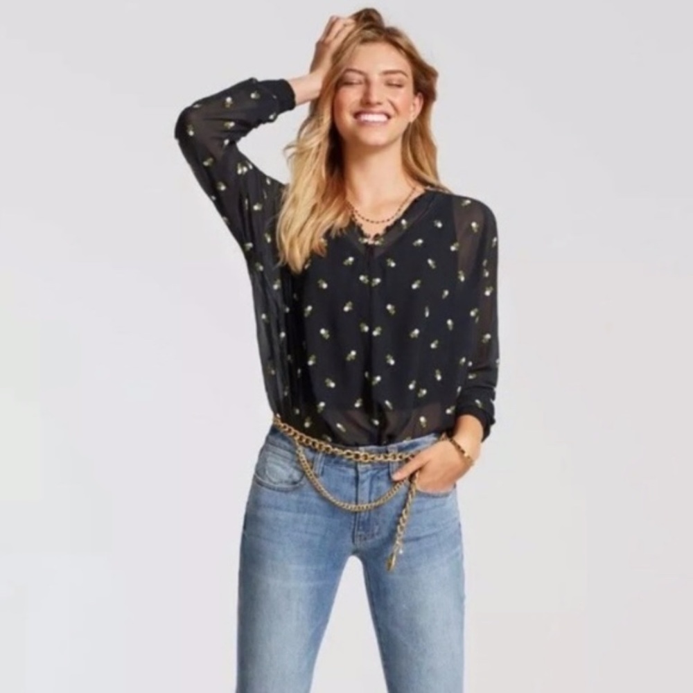 NWT Cabi Black Sheer Embroidered Floral Blouse